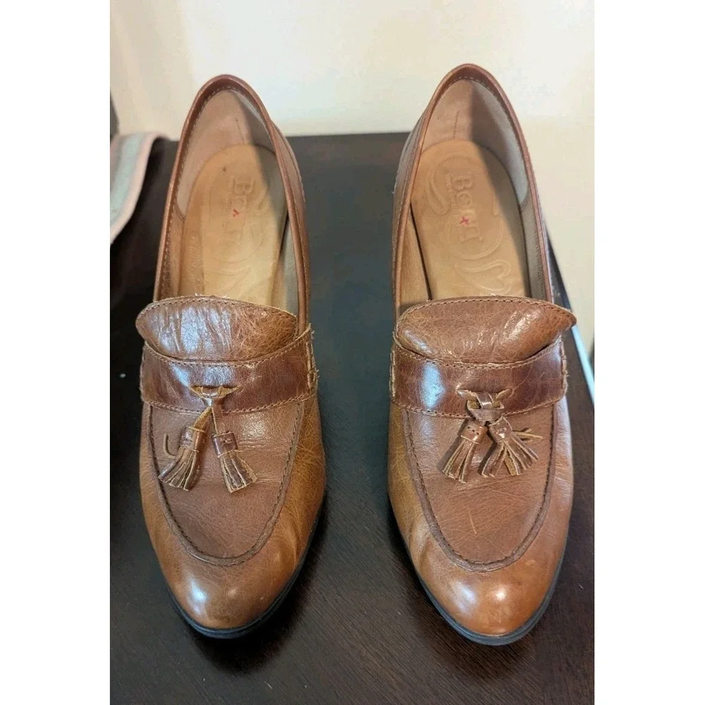 Born Nance 9.5‎ Women's Cognac Brown Penny loafer Tassled Heel Leather Western
